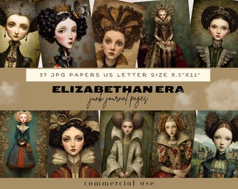 Renaissance Junk Journal Pages, Queen Elizabeth Junk Journal Pages, Vintage Women Portraits,  Whimsical Ephemera, Mixed Media Art, Scrapbook