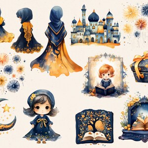 May include: A set of digital illustrations featuring a whimsical fairytale theme. The illustrations include a blue and gold castle, a crescent moon, a girl reading a book, a girl wearing a blue cloak, and a blue chest with a gold ribbon.