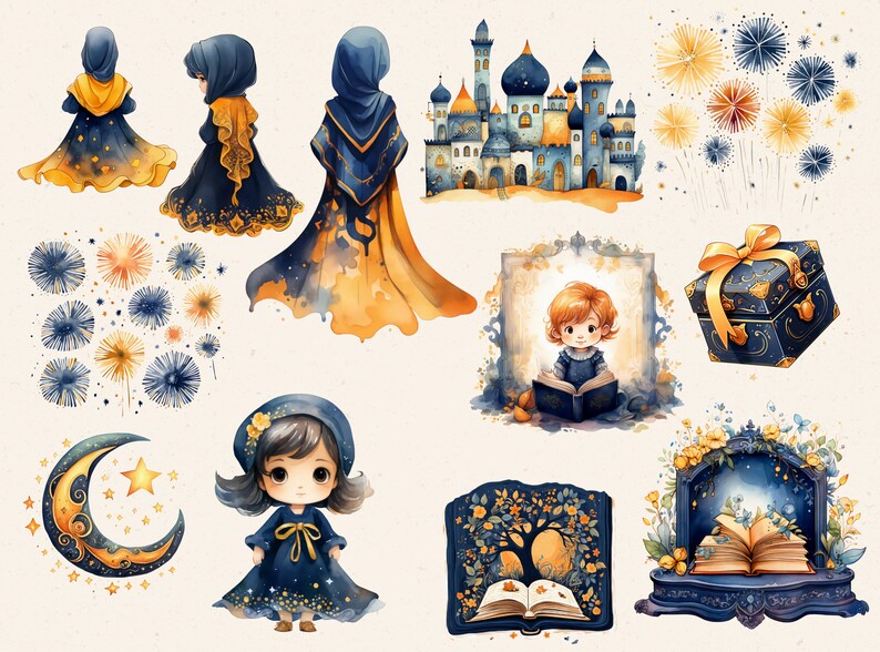 May include: A set of digital illustrations featuring a whimsical fairytale theme. The illustrations include a blue and gold castle, a crescent moon, a girl reading a book, a girl wearing a blue cloak, and a blue chest with a gold ribbon.