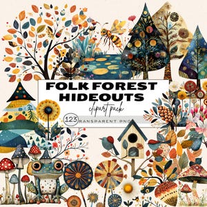 Clipart di arte popolare scandinava, Clipart di acquerello della foresta, Elementi di arte popolare della foresta, Clipart di foresta boho, Natura floreale, PNG di arte popolare vintage