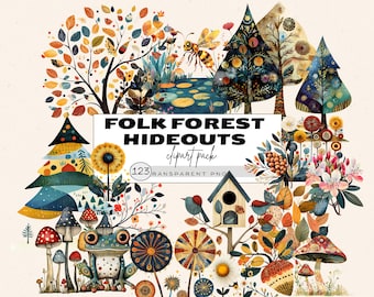 Scandinavische volkskunst clipart, bos aquarel clipart, volkskunst bos elementen, boho bos clipart, florale natuur, vintage volkskunst png