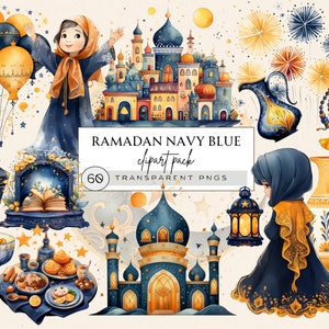 May include: A set of 60 Ramadan themed digital clipart images in navy blue and gold. The clipart includes a mosque, a girl in a hijab, a lantern, a teapot, a gift box, a book, a plate of food, and fireworks.