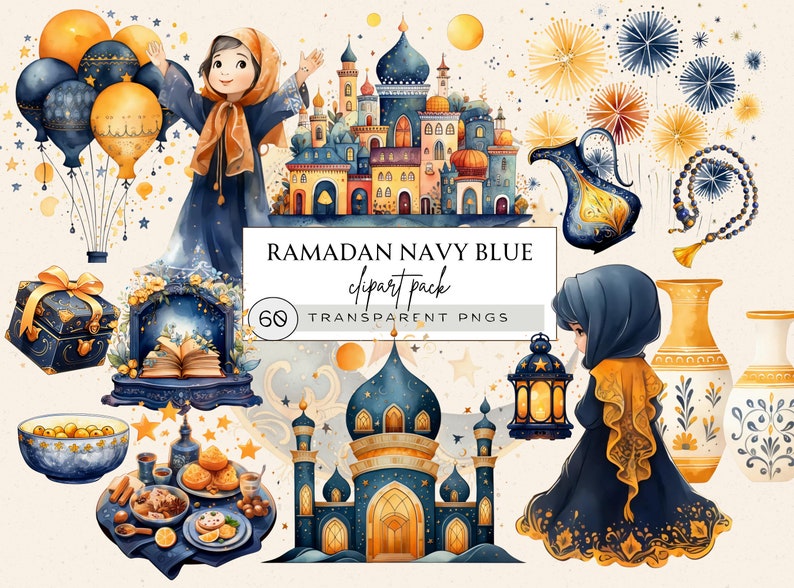 May include: A set of 60 Ramadan themed digital clipart images in navy blue and gold. The clipart includes a mosque, a girl in a hijab, a lantern, a teapot, a gift box, a book, a plate of food, and fireworks.