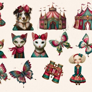 Może przedstawiać: Kolekcja fantazyjnych ilustracji o tematyce cyrkowej. Obraz zawiera psa, koty, motyle, namioty cyrkowe, lornetkę i lalki, wszystko w stylu vintage z paletą kolor&oacute;w w odcieniach turkusu, czerwieni i r&oacute;żu.