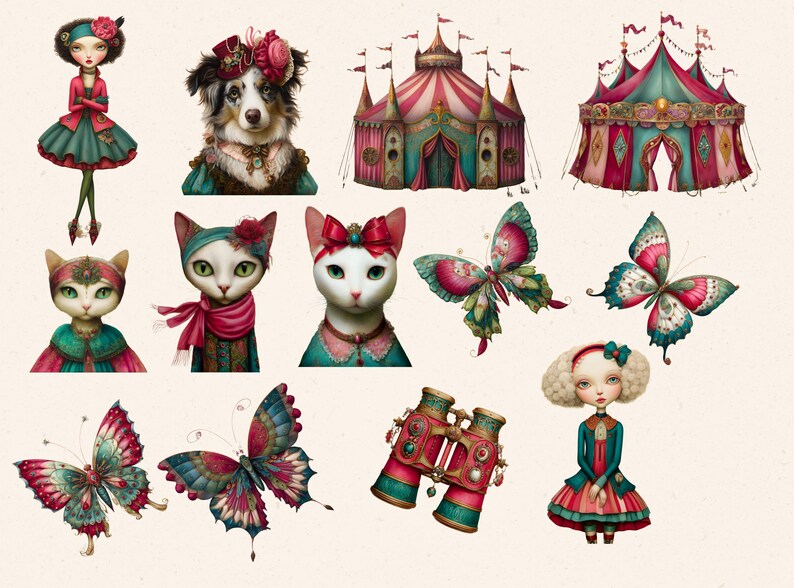 Może przedstawiać: Kolekcja fantazyjnych ilustracji o tematyce cyrkowej. Obraz zawiera psa, koty, motyle, namioty cyrkowe, lornetkę i lalki, wszystko w stylu vintage z paletą kolor&oacute;w w odcieniach turkusu, czerwieni i r&oacute;żu.