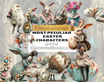 May include: A digital collage showcasing quirky Easter characters, such as rabbits, chicks, and decorated eggs. The image has a vintage style with floral and patterned designs. Text reads "MOST PECULIAR EASTER CHARACTERS clipart pack" with "37 free junk journal pages" and "114 TRANSPARENT PNGS".