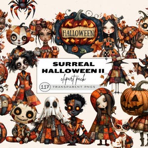 Surreal Halloween Clipart, Peculiar People Clipart, Whimsical Halloween Witches Clipart, Dog Halloween Bucket Png,Scary Patchwork Characters