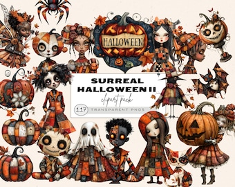 Surreal Halloween Clipart, Peculiar People Clipart, Whimsical Halloween Witches Clipart, Dog Halloween Bucket Png,Scary Patchwork Characters