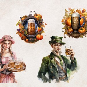 May include: A watercolor illustration of three people in a fall harvest theme. A woman in a pink dress and hat holds a tray of beer mugs. A man in a green jacket and hat holds a glass of beer. A mug of beer with fall leaves and pumpkins is in the background.
