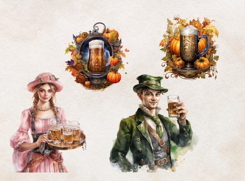 May include: A watercolor illustration of three people in a fall harvest theme. A woman in a pink dress and hat holds a tray of beer mugs. A man in a green jacket and hat holds a glass of beer. A mug of beer with fall leaves and pumpkins is in the background.