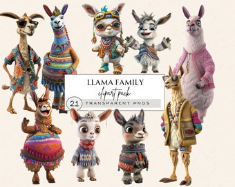 May include: A set of 21 llama family clipart images. The llamas are wearing colorful clothing and accessories. The text "LLAMA FAMILY clipart pack 21 TRANSPARENT PNGS" is displayed on a white background.