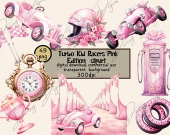 May include: Watercolor clipart set featuring pink race cars, a helmet with floral accents, a gas pump, and a pocket watch. The image includes checkered flags and a race track, all in a soft pink color scheme.