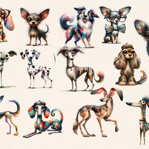 K&ouml;nnte beinhalten: Eine digitale Illustration von 10 Hunden mit verschiedenen Rassen und Pers&ouml;nlichkeiten. Die Hunde sind alle im Cartoon-Stil mit leuchtenden Farben und Mustern gezeichnet. Einige Hunde tragen Brillen, H&uuml;te und Fliegen.