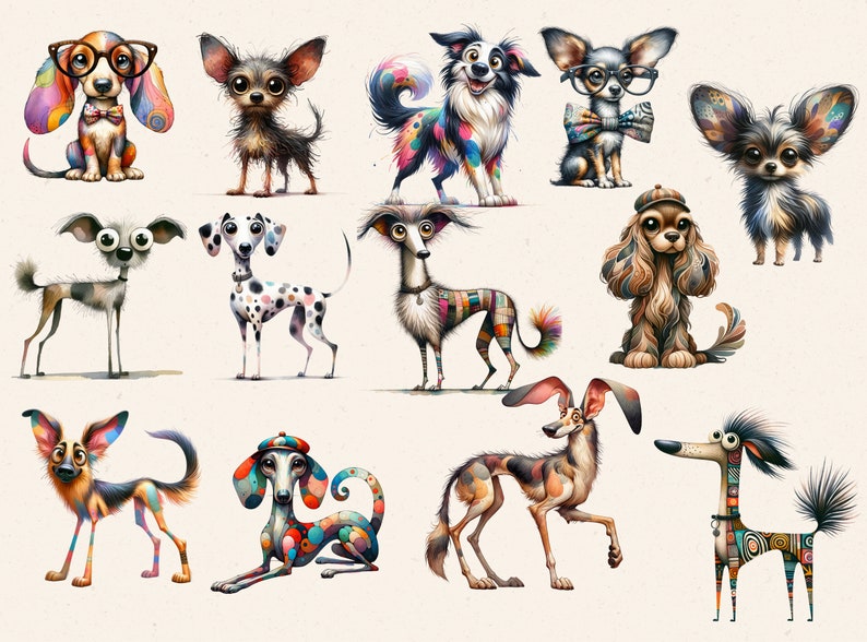 K&ouml;nnte beinhalten: Eine digitale Illustration von 10 Hunden mit verschiedenen Rassen und Pers&ouml;nlichkeiten. Die Hunde sind alle im Cartoon-Stil mit leuchtenden Farben und Mustern gezeichnet. Einige Hunde tragen Brillen, H&uuml;te und Fliegen.