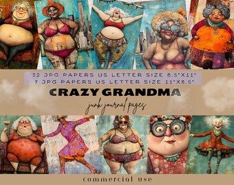 Old Lady Junk Journal Pages, Hippie Old Lady, Crazy Old Women In Bathing Suit, Grandma Dancing, Scrapbooking Hippie, Whimsical Digital Paper