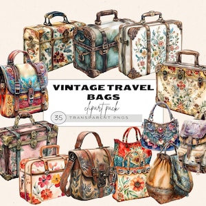 Clipart de equipaje de viaje, equipaje vintage, clipart de bolsos florales, viajes victorianos, maleta floral, bolso floral, mochila floral, bolso hippie