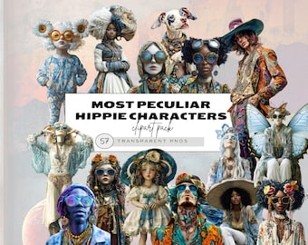 Peculiar People Clipart, Hippie Girl Clipart, Surreal People Clipart, Peculiar Hippie Characters Clipart, Colorful Surreal Illustrations