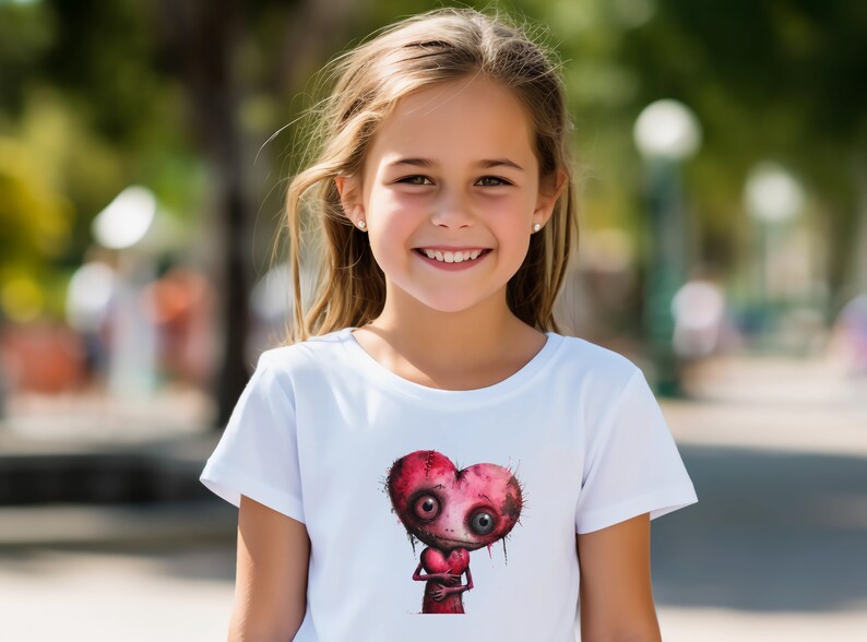 May include: A white t-shirt with a cartoon heart design. The heart is red with dark details and large eyes. The design is centered on the shirt. The person wearing the shirt is smiling.