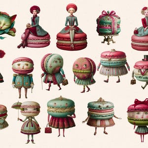 Może przedstawiać: Kapryśna ilustracja przedstawiająca antropomorficzne makaroniki w r&oacute;żnych strojach i pozach. Makaroniki są w odcieniach r&oacute;żu, zieleni i czerwieni, ze szczeg&oacute;łowymi rysami twarzy i ubraniami. Niekt&oacute;re przedstawione są jako postacie, inne jako prezenty, a jedno jako śpiący kot.