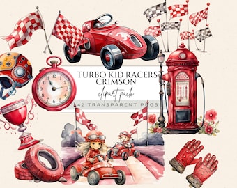 Retro Race Car Watercolor Clipart: 42 PNG Images (Digital Download)