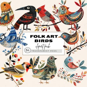 Volkskunst Vogel Clipart, schrullige Vogel Png, wunderliche Vogel Png, lustige und süße Vögel, lustiges Vogel Clipart Bundle, Aquarell Blumenvögel, Blume