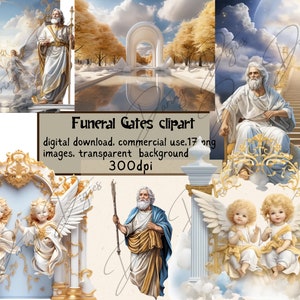 Angel Wings Entrance, Funeral Clipart, Gates to the Dimension, Wings, Clouds, Gold color, 300 dpi images, high quality, for funeral poster
