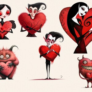 May include: A series of cartoon illustrations featuring characters with red hearts. The characters include vampires, a woman, and a furry monster. The artwork has a gothic theme with a whimsical style.