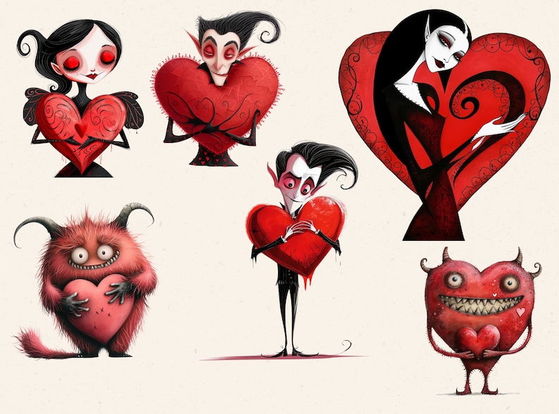 May include: A series of cartoon illustrations featuring characters with red hearts. The characters include vampires, a woman, and a furry monster. The artwork has a gothic theme with a whimsical style.
