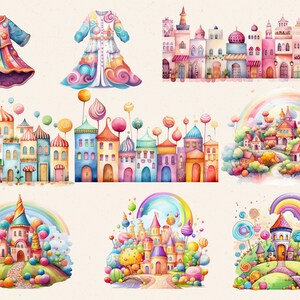 May include: Watercolor illustrations of whimsical castles, buildings, and garments in a vibrant palette of pink, blue, and yellow. The artwork features candy-themed elements like lollipops and rainbows, creating a fantasy world.