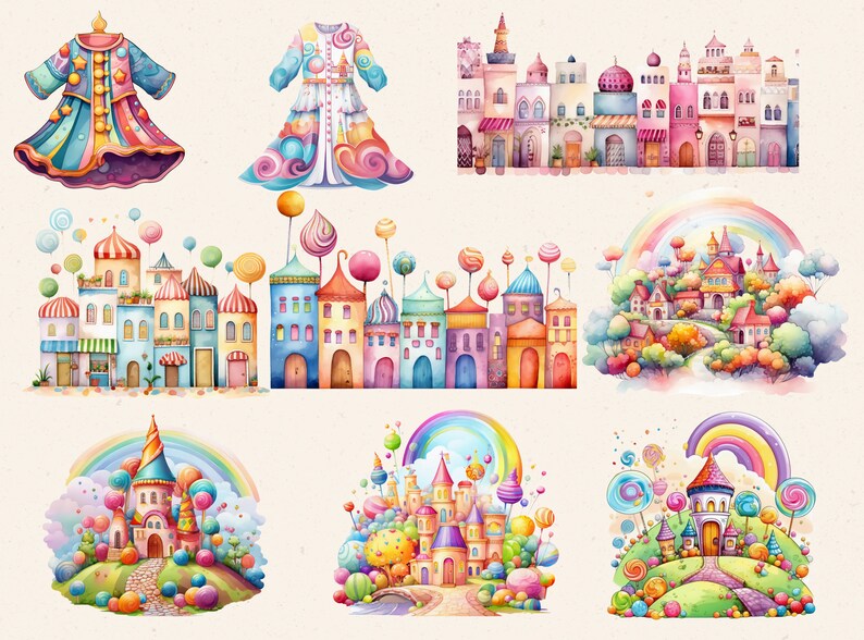 May include: Watercolor illustrations of whimsical castles, buildings, and garments in a vibrant palette of pink, blue, and yellow. The artwork features candy-themed elements like lollipops and rainbows, creating a fantasy world.