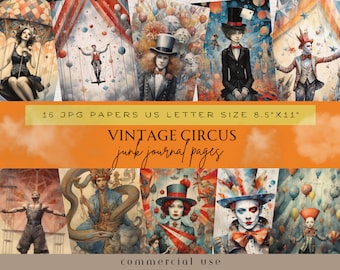Circus Junk Journal Pages, Circus Journal Kit, Circus Ephemera, Circus Scrapbook Paper, Circus Animals, Aerialist, Fire Breather, Magician