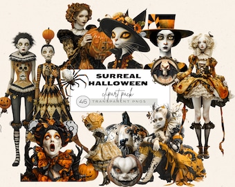 May include: Surreal Halloween clipart pack with 46 transparent PNGs.  The clipart includes a variety of characters, including a cat, a spider, a pumpkin, and several people in costumes.  The characters are all in a whimsical and spooky style.
