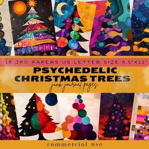 May include: 18 digital papers featuring psychedelic Christmas trees in various colours and patterns. The papers are 8.5 inches by 11 inches and are perfect for junk journaling.
