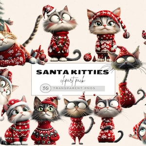 Chats de Noël insolites fantaisistes, des cliparts chat de Noël grincheux, des cliparts drôles de chats, usage Commercial Transparent, des chats de Noël confus Png