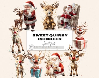Quirky Reindeer Clipart, Christmas Reindeer, Funny Reindeer Clipart, Watercolor Reindeer Clipart, Christmas Reindeer Card, Fun Christmas Png