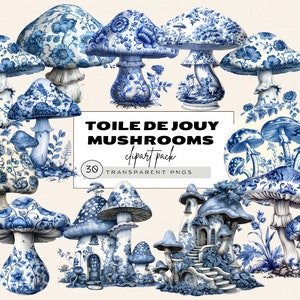 Toile De Jouy Clipart, French Blue Mushroom Houses, Floral Mushrooms, Blue Mushroom Houses, Enchanted Forest Clipart, Magical Clipart