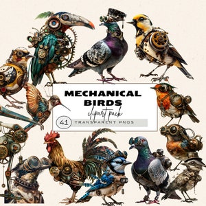 Clipart oiseaux steampunk, journal éphémères oiseaux insolites, colibri, chardonneret Png steampunk, oiseaux mécaniques, cigogne, geai bleu drôle