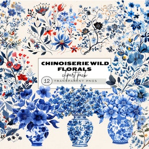 Chinoiserie bloemen clipart, blauwe chinoiserie clipart, wilde bloem clipart, wilde bloemen boeket, commerciële licentie, toile babyshower, blauw