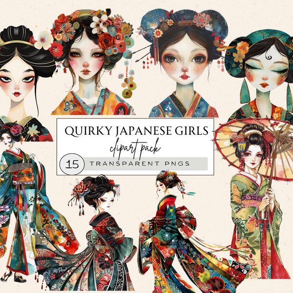 Geisha Clipart, Japanese Watercolor Clipart, Quirky Girl, Whimsical Girl Clipart, Japanese Girl Png, Old Fashioned Gir, Traditional Japan