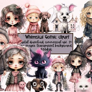 Whimsical Doll Clipart, ragazze e ragazzi di Natale, alberi di Natale, immagini png di qualità, stile stravagante, disegni in colori pastello, 300 dpi