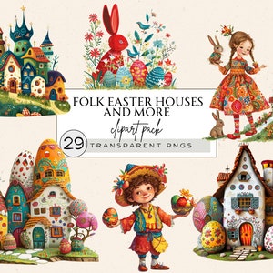 April Pasen clipart, dorpshuis clipart, grappige Pasen png, Pasen huizen clipart, volkskunst clipart, Tsjechische Pasen, paashaas png