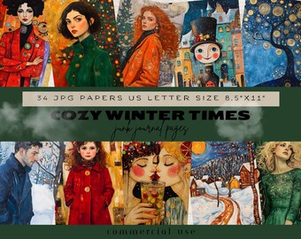 Può includere: Un collage digitale di 34 immagini stampabili con scene invernali, tra cui una donna con i capelli rossi, una donna con i capelli verdi, una donna con i capelli castani, un paesaggio invernale, una foresta innevata, una donna con un cappotto rosso, una donna con un vestito verde e una donna con un vestito blu. Le immagini misurano 8,5 pollici per 11 pollici e sono perfette per il junk journaling.