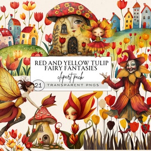Clipart lunatique fille fée, jardin féerique et clipart champignon, clipart fée aquarelle tulipe rouge et jaune, tulipe numérique Png, champignon