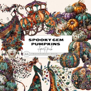 Imágenes Prediseñadas de carro de calabaza, imágenes prediseñadas de chica peculiar caprichosa, imágenes prediseñadas de otoño otoño, calabazas con gemas, joya de Halloween, imágenes prediseñadas de hada madrina