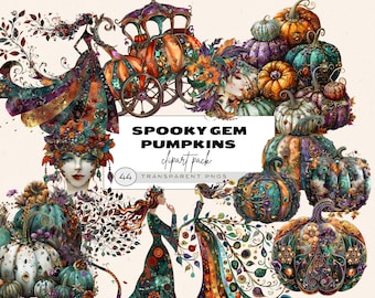 Pumpkin Carriage Clipart, Whimsical Quirky Girl Clipart, Autumn Fall Clipart, Pumpkins With Gems, Jewel Halloween, Fairy Godmother Clipart