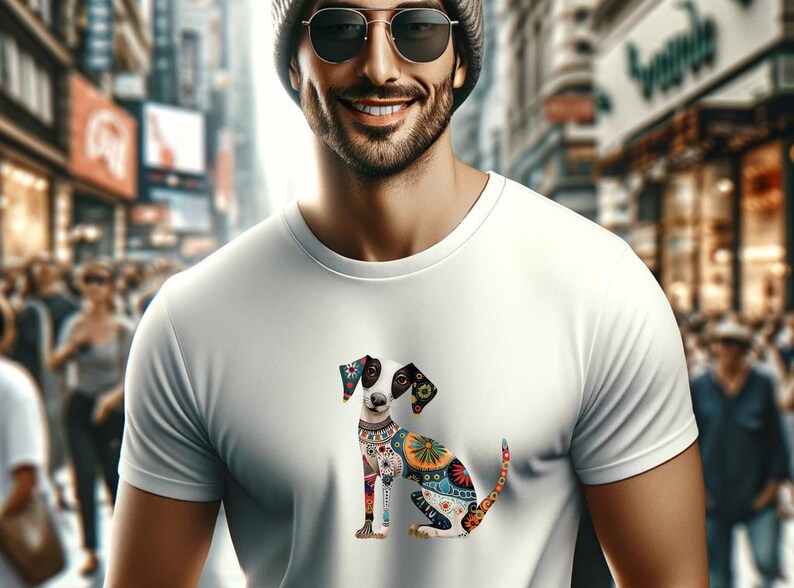 May include: A white t-shirt with a colorful, patterned dog illustration on the front. The dog is sitting with its head tilted to the side and has a black and white face.