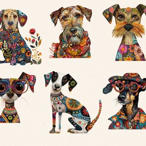 May include: Six colorful illustrations of dogs with intricate floral patterns and accessories. The dogs are all different breeds and have unique personalities.