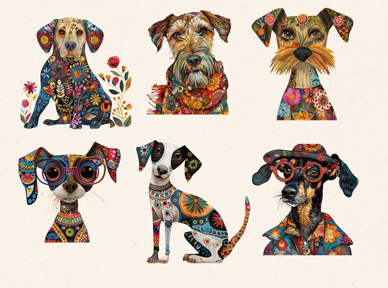 May include: Six colorful illustrations of dogs with intricate floral patterns and accessories. The dogs are all different breeds and have unique personalities.
