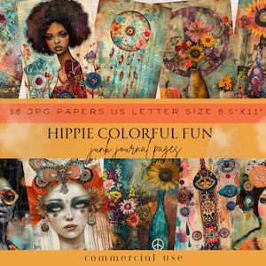 Pagine del diario spazzatura hippie, carta del diario spazzatura Boho, carta digitale colorata, ragazza hippie, diario hippie, diario spazzatura vintage, supporti misti