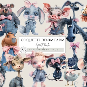 Clipart animaux de la ferme original aquarelle, coquette denim, coquette clipart noeud, coquette animaux de la ferme, coquette rose noeuds des cliparts, dinde drôle